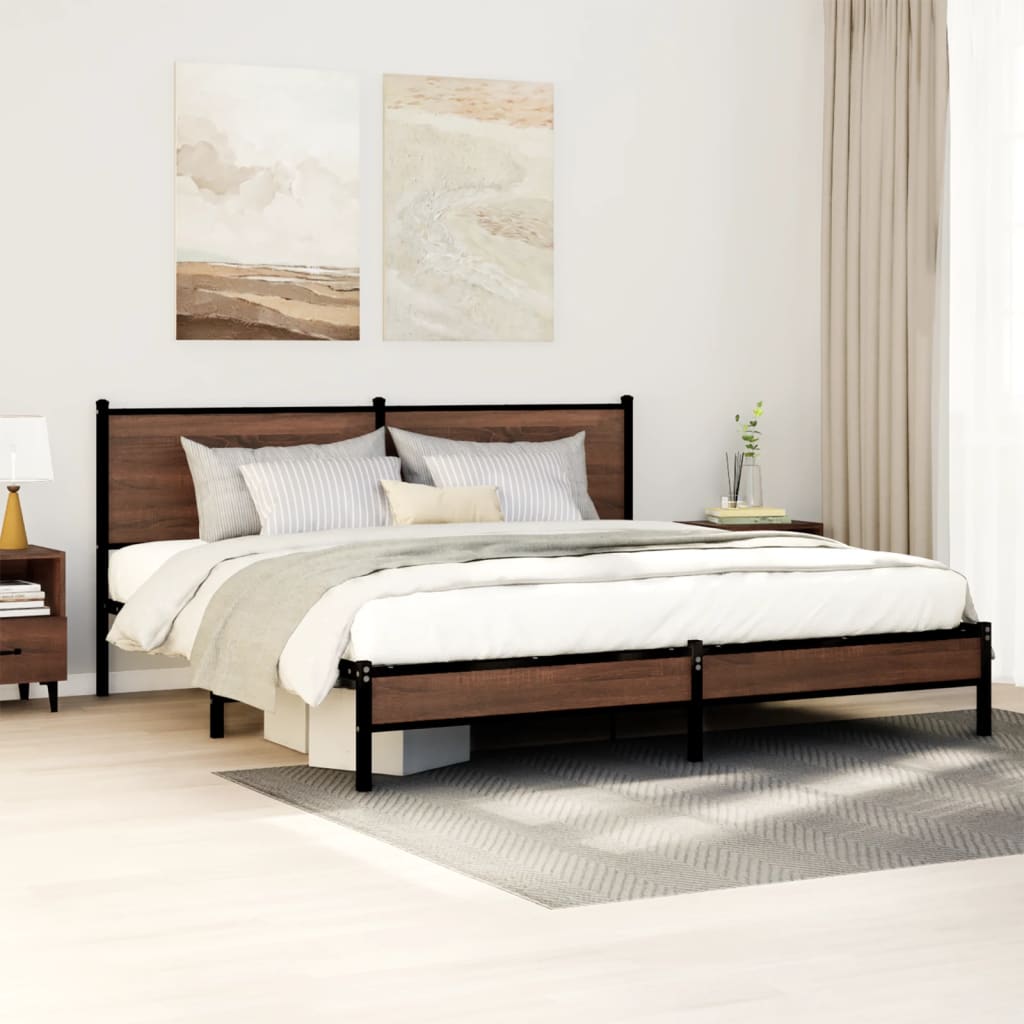 Brown Oak Metal Bed Frame 160x200 cm - Durable & Stylish