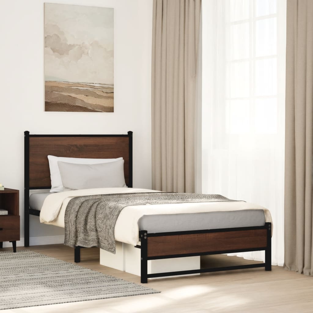 Small Single Metal Bed Frame, Brown Oak 75x190 cm, No Mattress