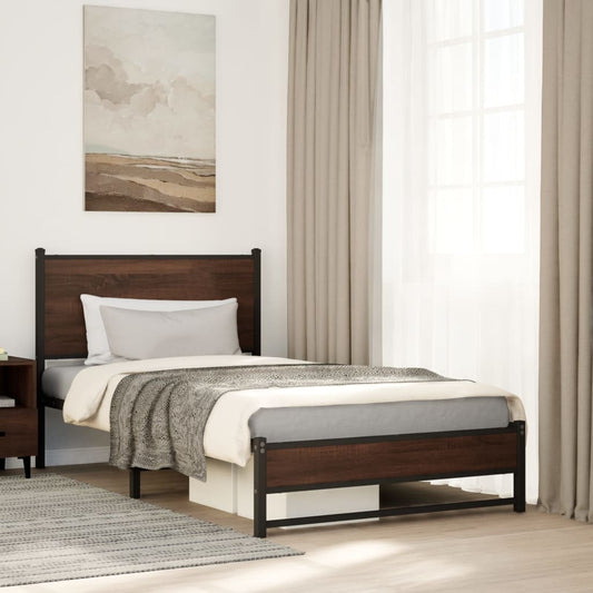 Brown Oak Metal Bed Frame 107x203 cm - Sturdy & Stylish Design