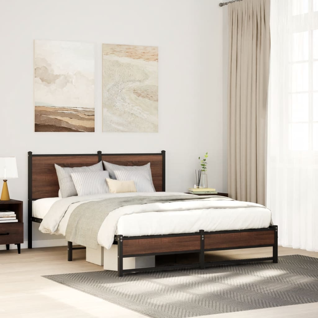 King Size Brown Oak Metal Bed Frame 150x200 cm, No Mattress