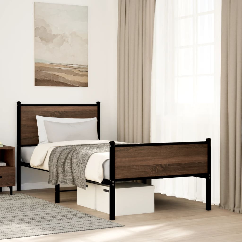 Small Single Metal Bed Frame, Brown Oak Finish, 75x190 cm