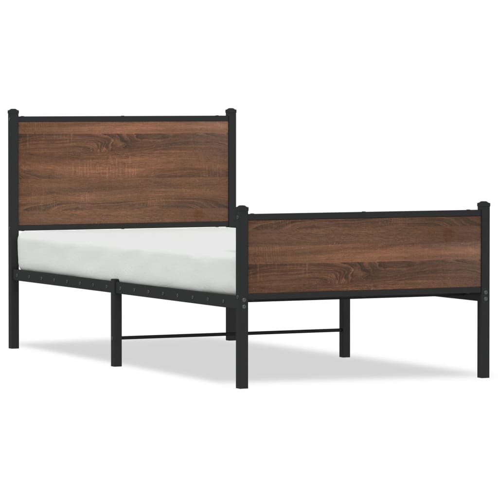 Single Metal Bed Frame, Brown Oak Finish, 90x190 cm, No Mattress