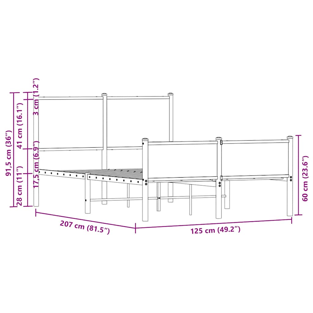Elegant Brown Oak Metal Bed Frame 120x200 cm - No Mattress Included