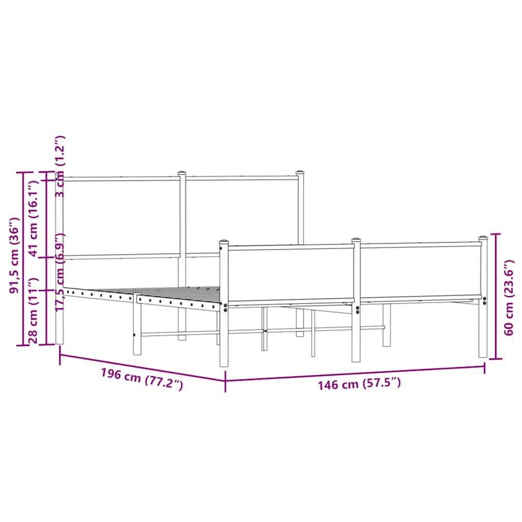 Brown Oak Metal Bed Frame 140x190 cm - Durable & Stylish Design