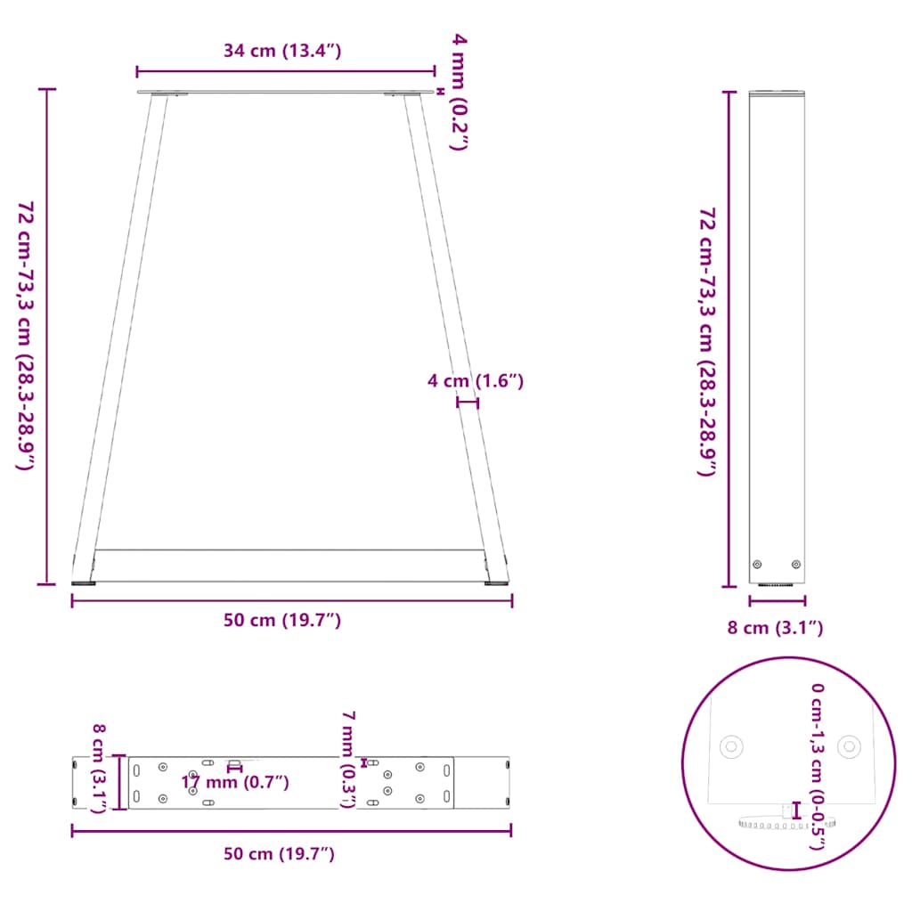 Natural Steel V-Shape Dining Table Legs 2pcs, Adjustable 50x73 cm