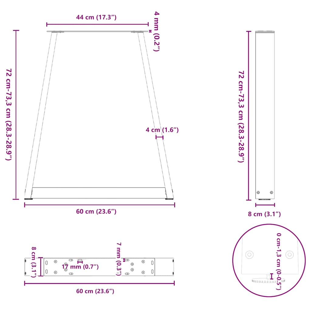 Natural Steel V-Shape Dining Table Legs 2 pcs - Adjustable 60x(72-73.3) cm