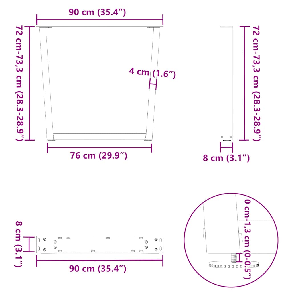 Natural Steel V-Shape Dining Table Legs, 3 pcs, Adjustable Height