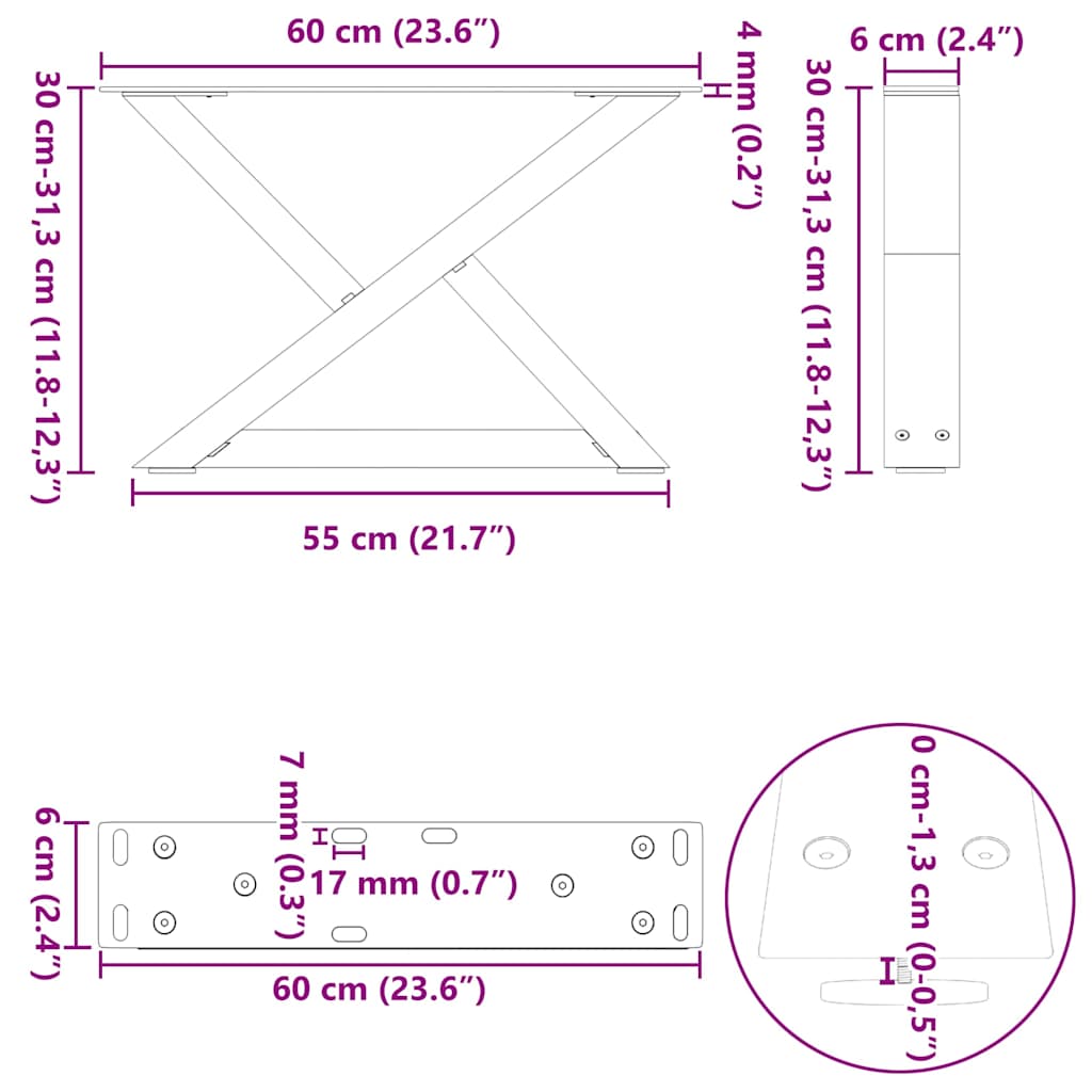 Natural Steel Coffee Table Legs 2 pcs, Adjustable 60x(30-31.3) cm