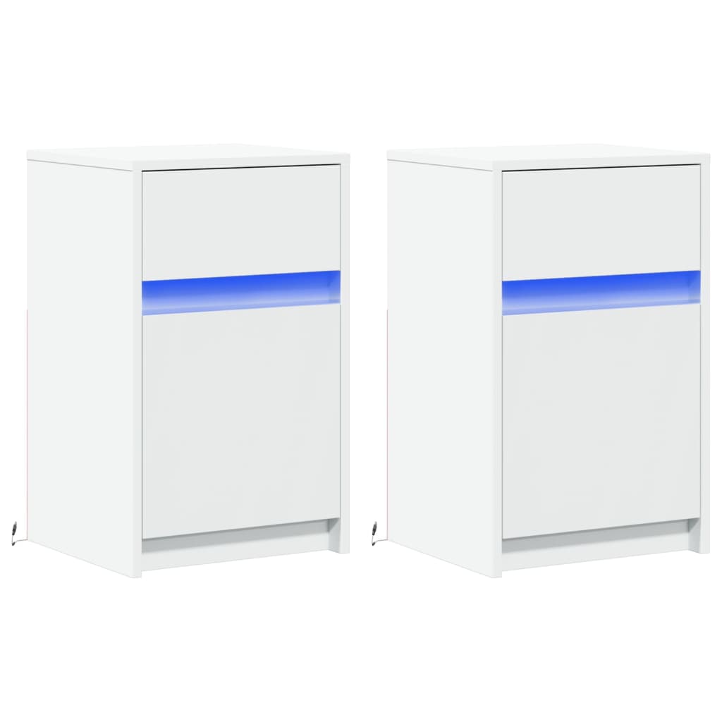 White Engineered Wood LED Bedside Cabinets - Set of 2