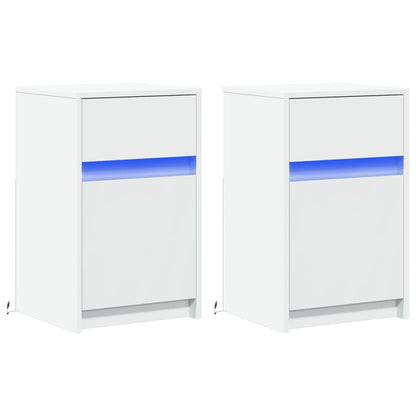 White Engineered Wood LED Bedside Cabinets - Set of 2