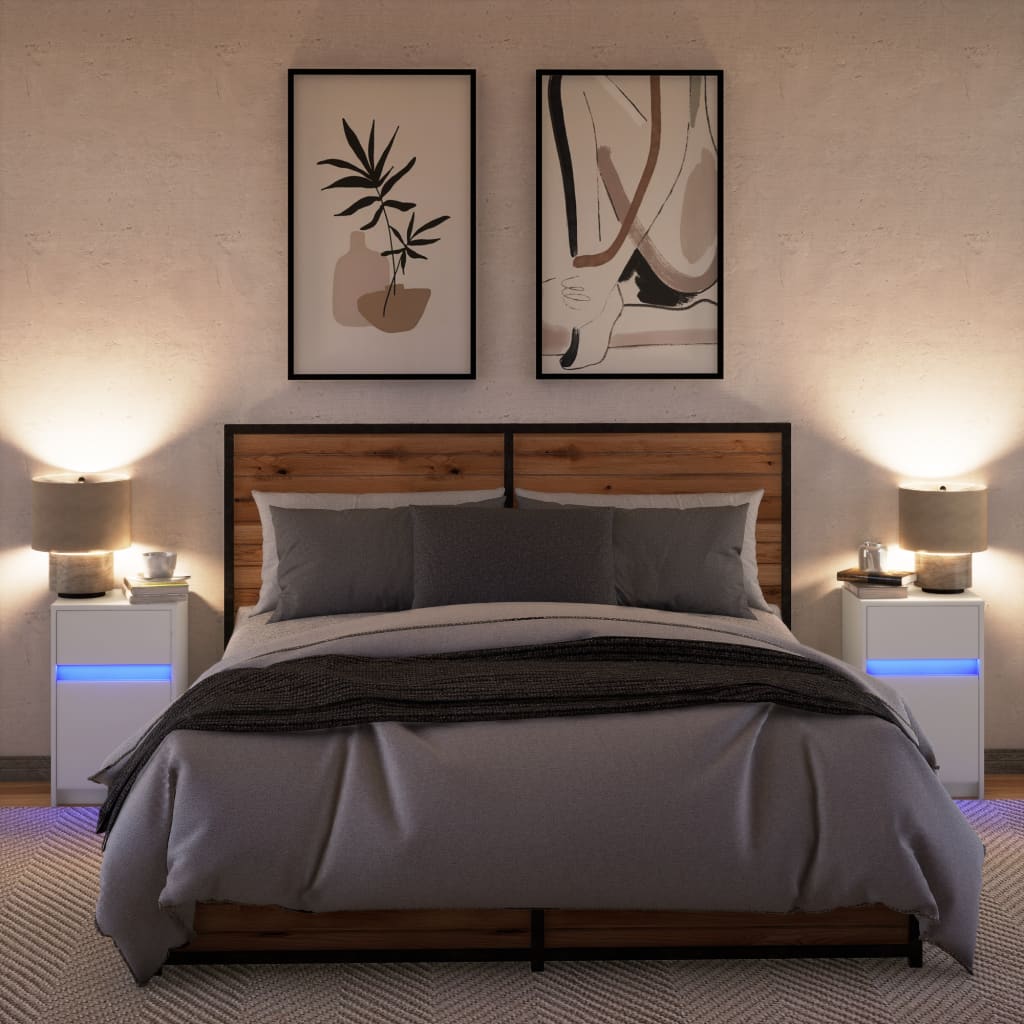 White Engineered Wood LED Bedside Cabinets - Set of 2
