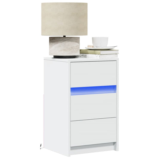 White Engineered Wood Bedside Cabinet with LED Lights