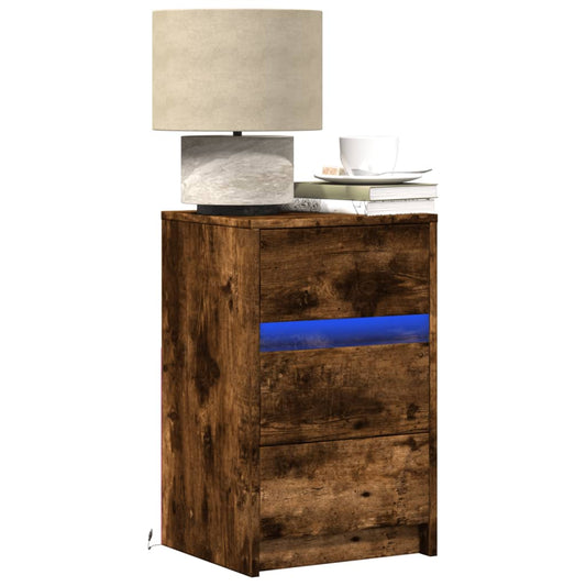 Smoked Oak Bedside Cabinet with LED Lights - Engineered Wood