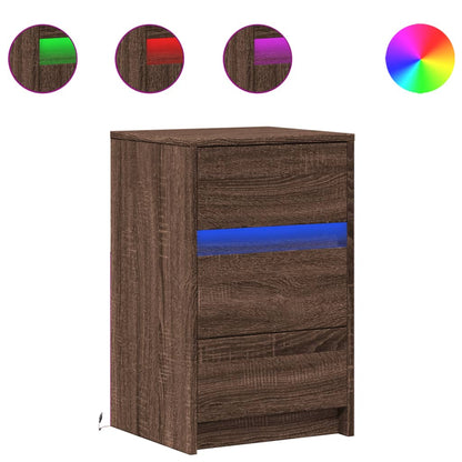Brown Oak Bedside Cabinet with LED Lights - Engineered Wood