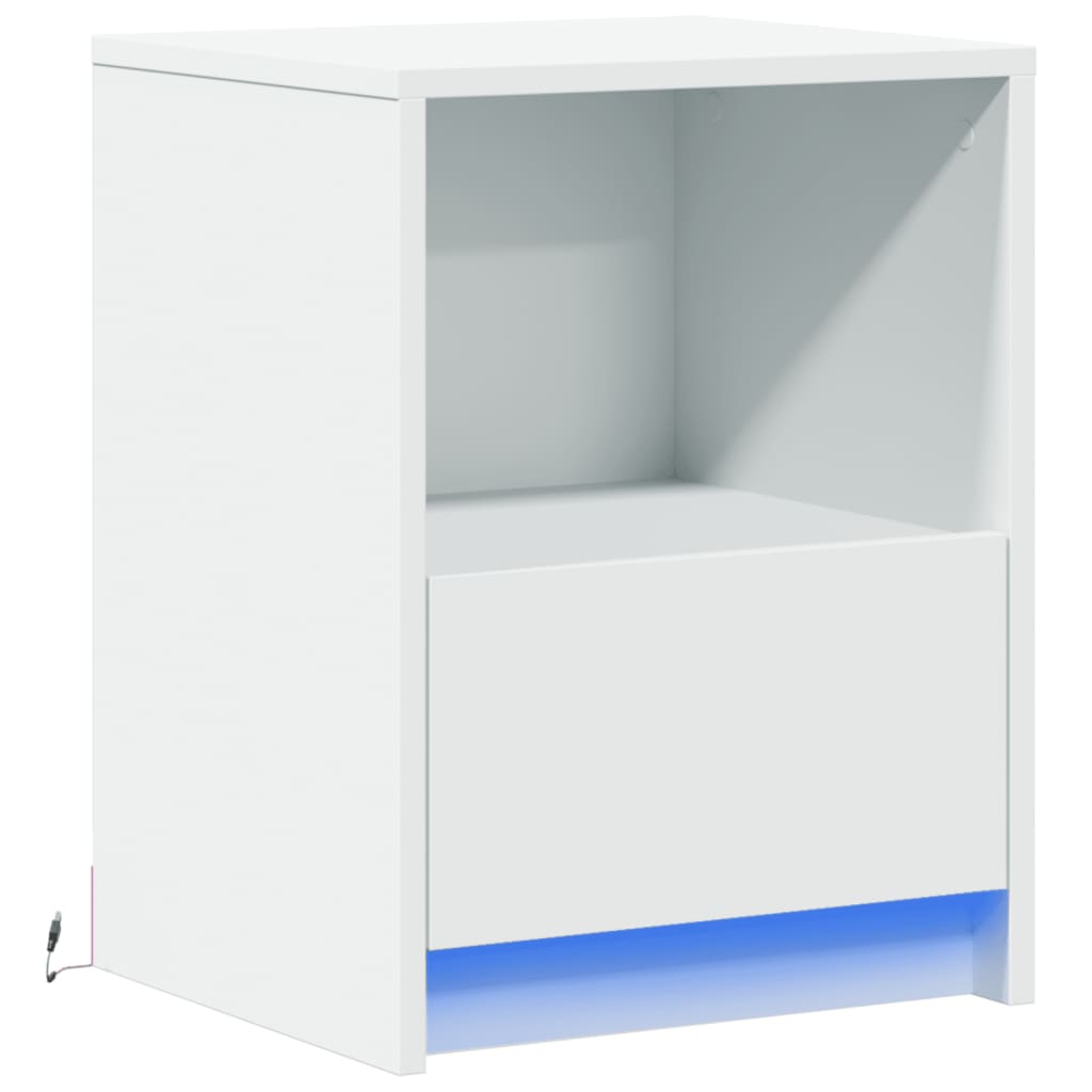 White Engineered Wood Bedside Cabinet with LED Lights