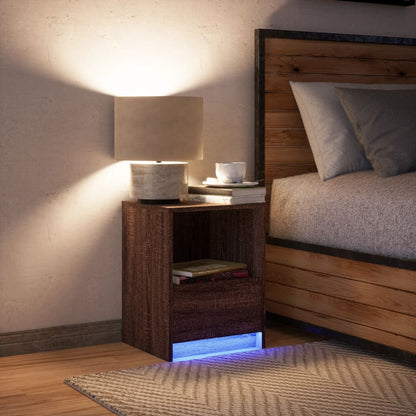 Brown Oak Bedside Cabinet with LED Lights - Engineered Wood