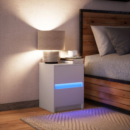 White Engineered Wood Bedside Cabinet with LED Lights
