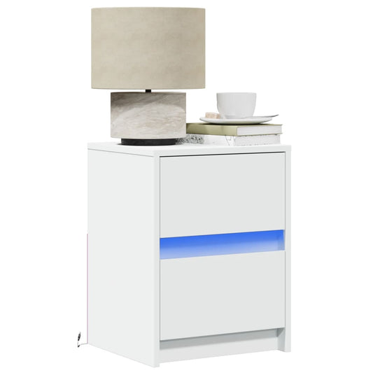 White Engineered Wood Bedside Cabinet with LED Lights