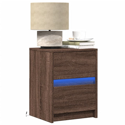 Brown Oak LED Bedside Cabinet - Engineered Wood Elegance