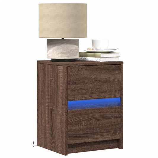 Brown Oak LED Bedside Cabinet - Engineered Wood Elegance