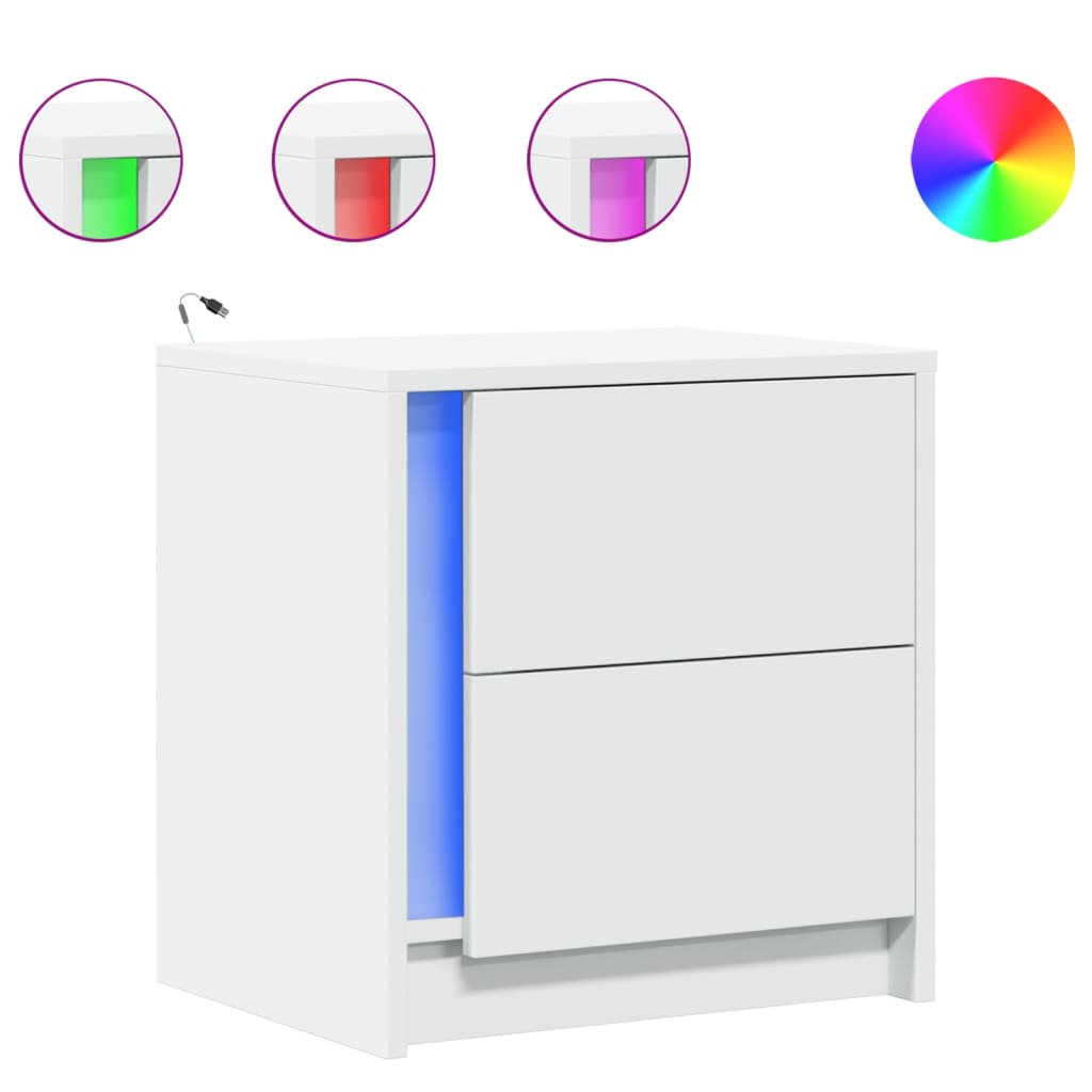 White Engineered Wood Bedside Cabinet with LED Lights