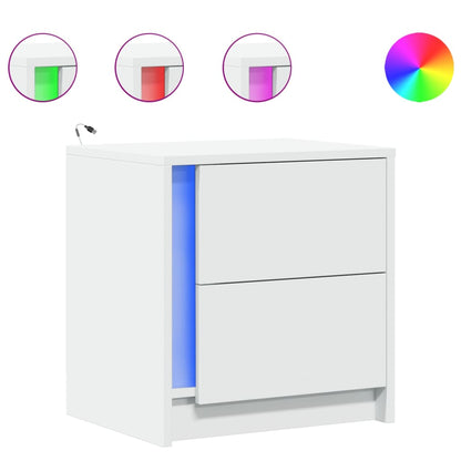 White Engineered Wood Bedside Cabinet with LED Lights