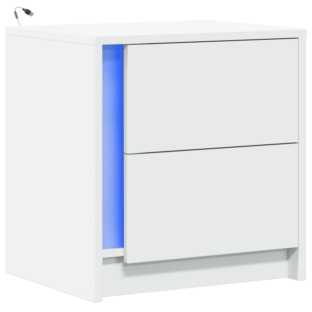 White Engineered Wood Bedside Cabinet with LED Lights