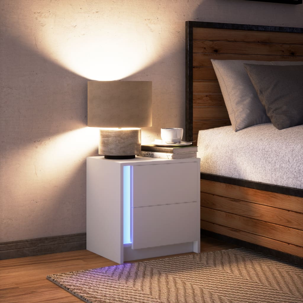 White Engineered Wood Bedside Cabinet with LED Lights