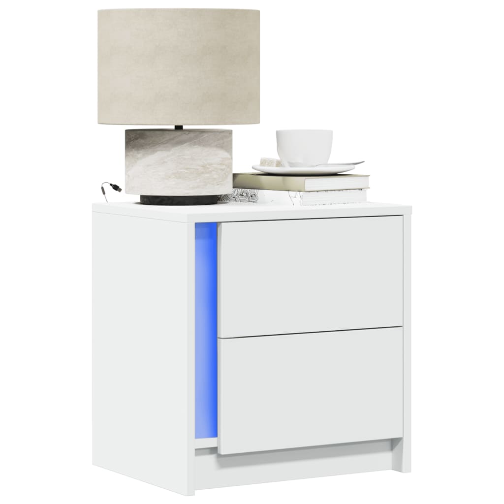White Engineered Wood Bedside Cabinet with LED Lights