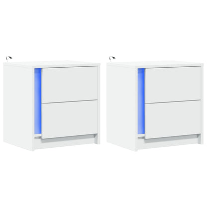 White Engineered Wood Bedside Cabinets with LED Lights, 2 Pcs