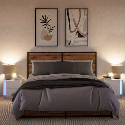 White Engineered Wood Bedside Cabinets with LED Lights, 2 Pcs