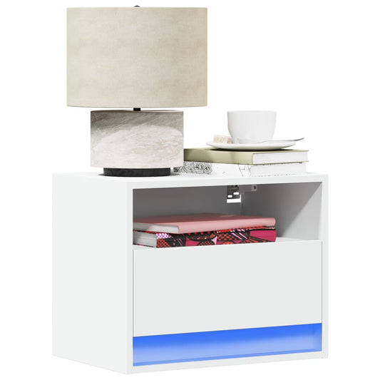White Wall-Mounted Bedside Cabinets with LED Lights - 2 Pack