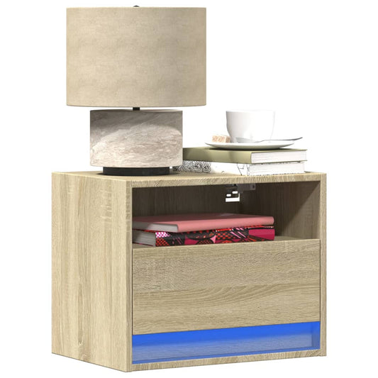 Sonoma Oak Wall-Mounted Bedside Cabinets with LED Lights, 2 Pcs