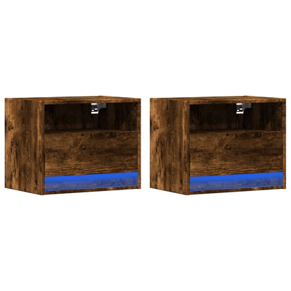 Smoked Oak LED Wall-Mounted Bedside Cabinets - Set of 2