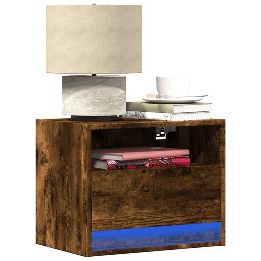 Smoked Oak LED Wall-Mounted Bedside Cabinets - Set of 2