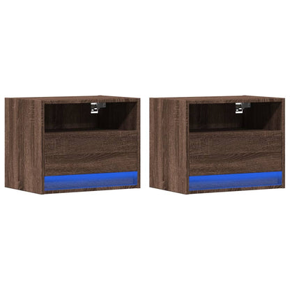 LED Wall-Mounted Bedside Cabinets, Brown Oak, 2 pcs
