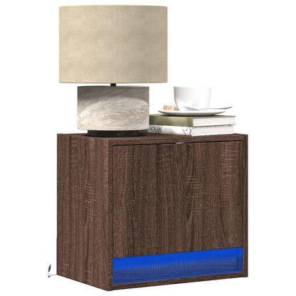 Brown Oak Wall-Mounted Bedside Cabinet with LED Lights