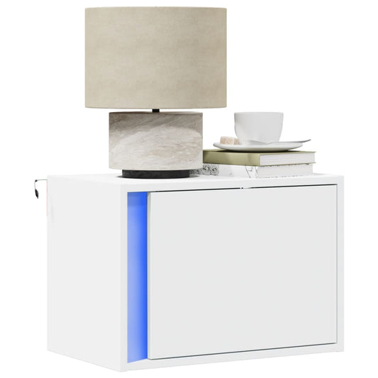 White Wall-Mounted Bedside Cabinet with LED Lights - Modern Design