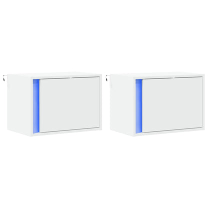 White Wall-Mounted Bedside Cabinets with LED Lights, 2-Pack