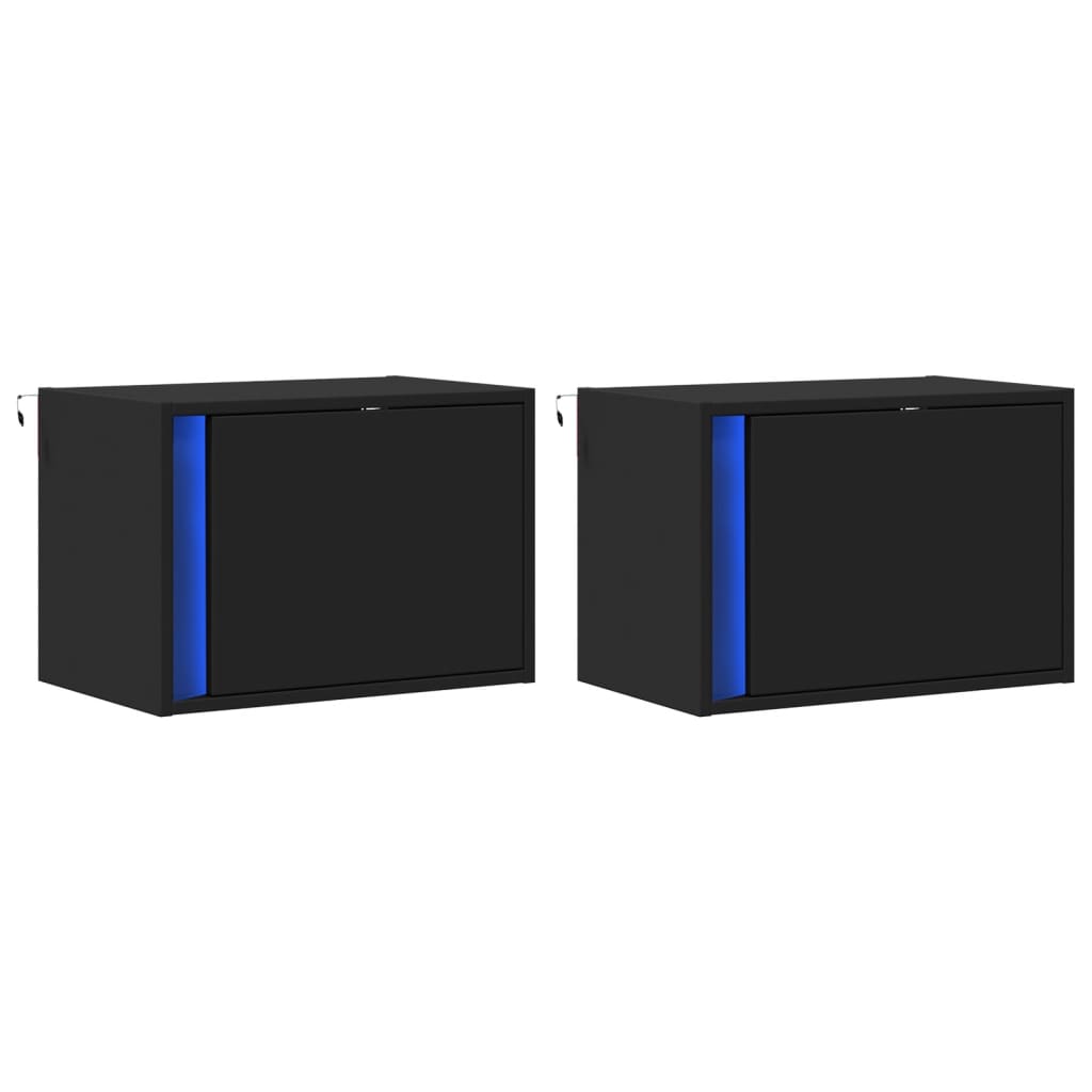 2 Black Wall-Mounted Bedside Cabinets with LED Lights - Modern Design