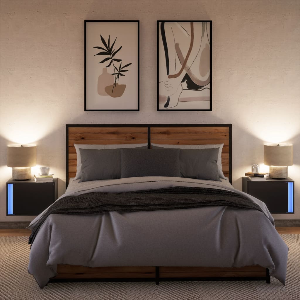2 Black Wall-Mounted Bedside Cabinets with LED Lights - Modern Design