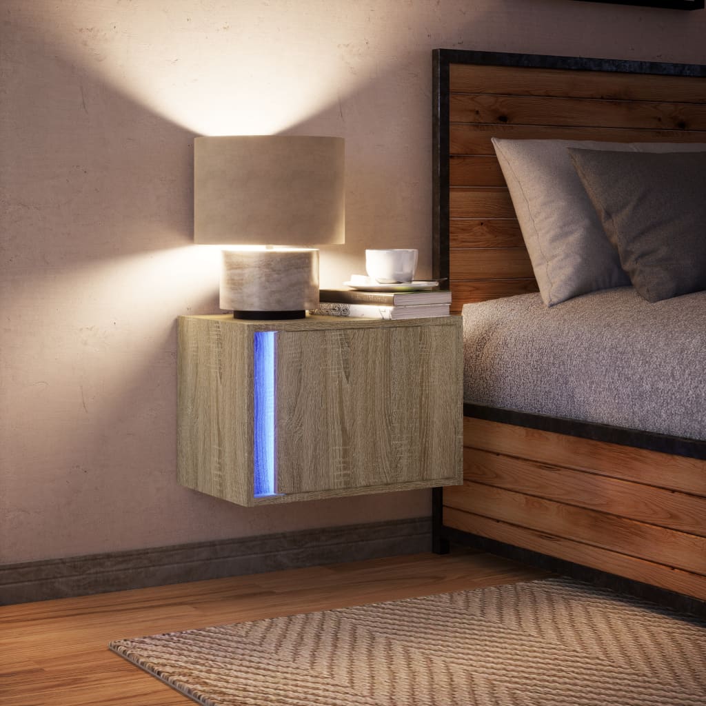 Sonoma Oak Wall-Mounted Bedside Cabinet with LED Lights