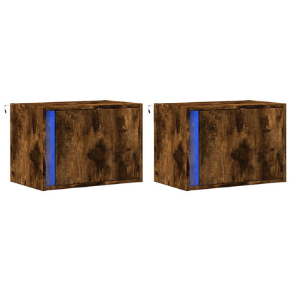 Smoked Oak Wall-Mounted Bedside Cabinets with LED Lights, 2 Pcs