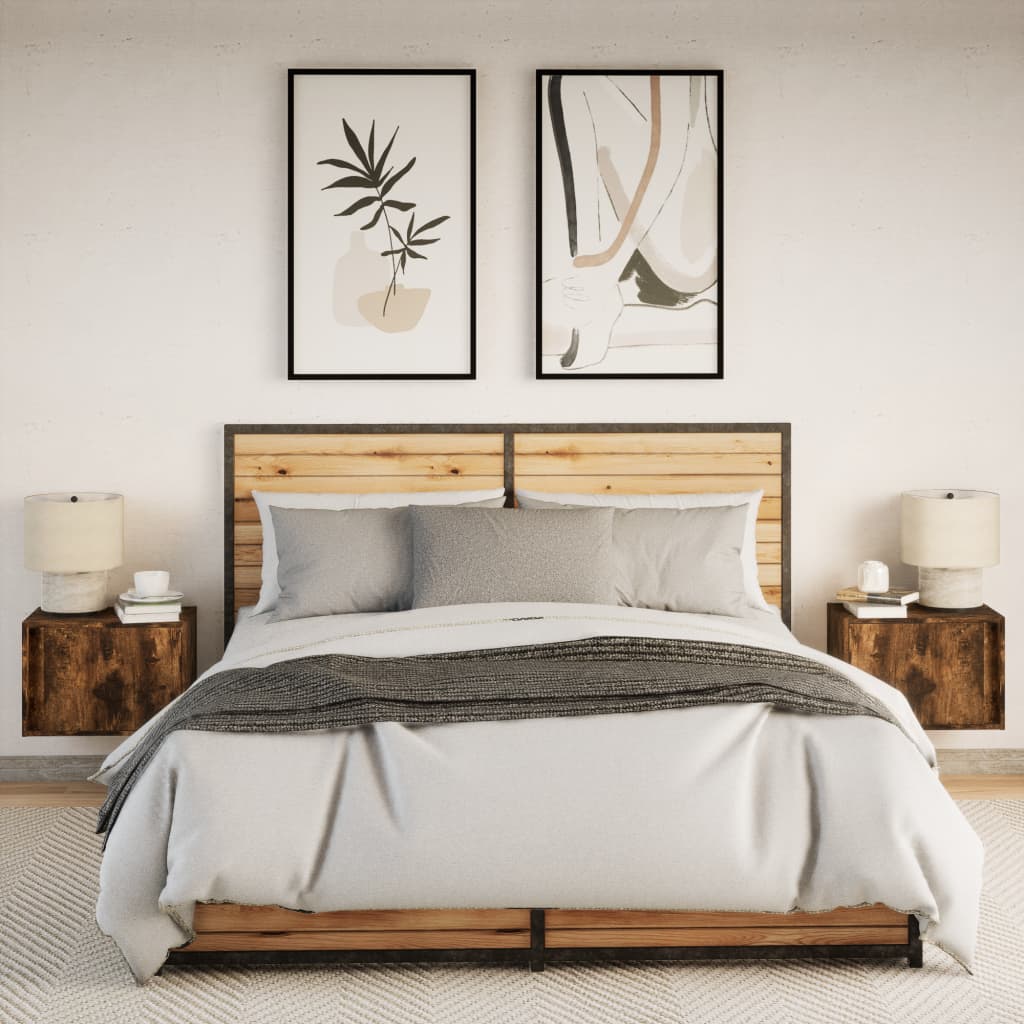 Smoked Oak Wall-Mounted Bedside Cabinets with LED Lights, 2 Pcs