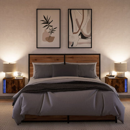 Smoked Oak Wall-Mounted Bedside Cabinets with LED Lights, 2 Pcs