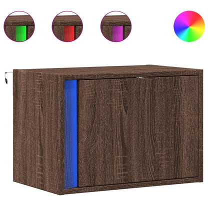 Brown Oak Wall-mounted Bedside Cabinets with LED Lights, 2 pcs