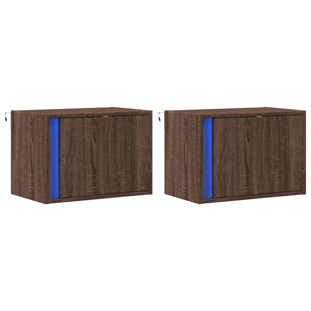 Brown Oak Wall-mounted Bedside Cabinets with LED Lights, 2 pcs