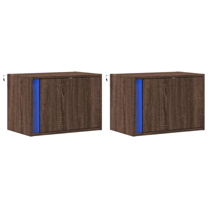 Brown Oak Wall-mounted Bedside Cabinets with LED Lights, 2 pcs