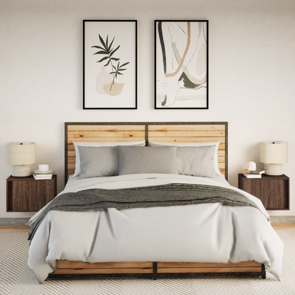 Brown Oak Wall-mounted Bedside Cabinets with LED Lights, 2 pcs