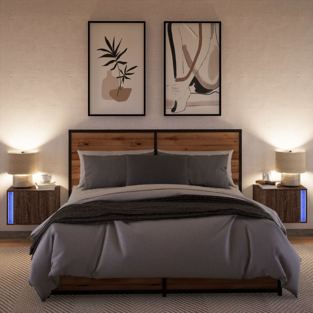 Brown Oak Wall-mounted Bedside Cabinets with LED Lights, 2 pcs